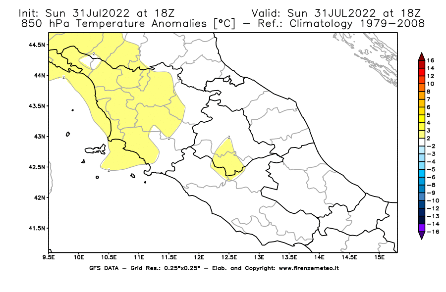 GFS analysi map - Temperature Anomalies [°C] at 850 hPa in Central Italy
									on 31/07/2022 18 <!--googleoff: index-->UTC<!--googleon: index-->