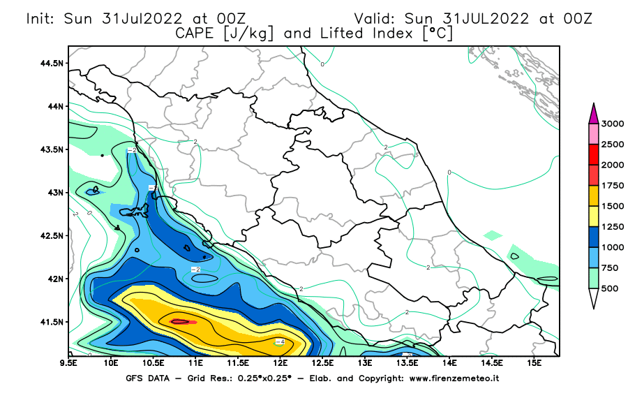 GFS analysi map - CAPE [J/kg] and Lifted Index [°C] in Central Italy
									on 31/07/2022 00 <!--googleoff: index-->UTC<!--googleon: index-->
