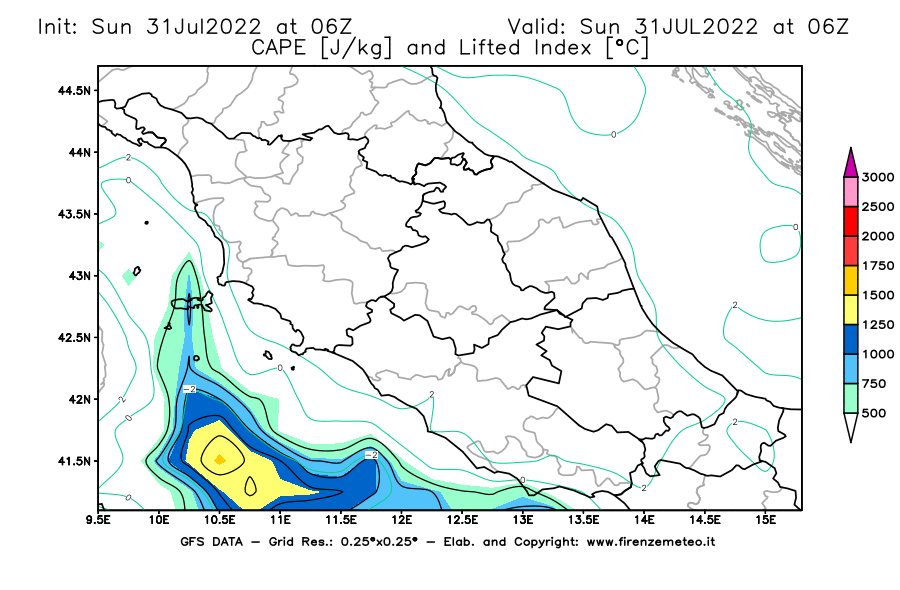 GFS analysi map - CAPE [J/kg] and Lifted Index [°C] in Central Italy
									on 31/07/2022 06 <!--googleoff: index-->UTC<!--googleon: index-->