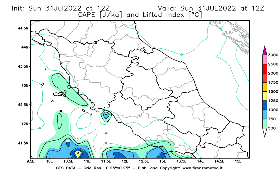 GFS analysi map - CAPE [J/kg] and Lifted Index [°C] in Central Italy
									on 31/07/2022 12 <!--googleoff: index-->UTC<!--googleon: index-->