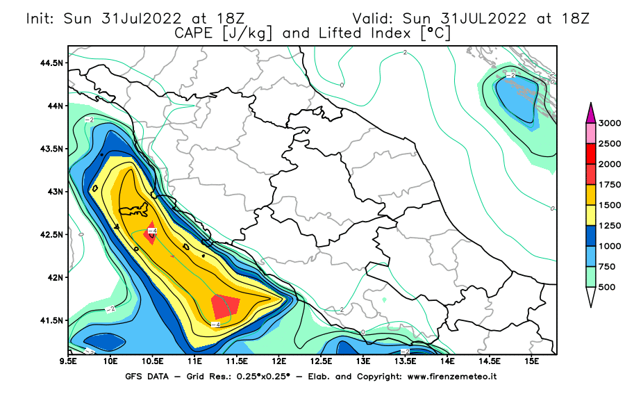 GFS analysi map - CAPE [J/kg] and Lifted Index [°C] in Central Italy
									on 31/07/2022 18 <!--googleoff: index-->UTC<!--googleon: index-->