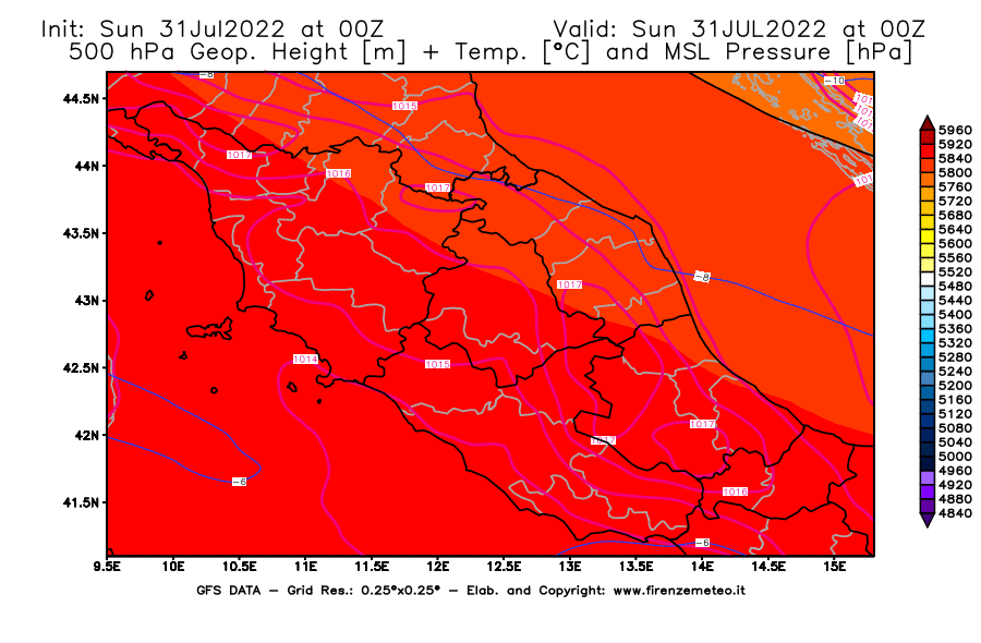 GFS analysi map - Geopotential [m] + Temp. [°C] at 500 hPa + Sea Level Pressure [hPa] in Central Italy
									on 31/07/2022 00 <!--googleoff: index-->UTC<!--googleon: index-->