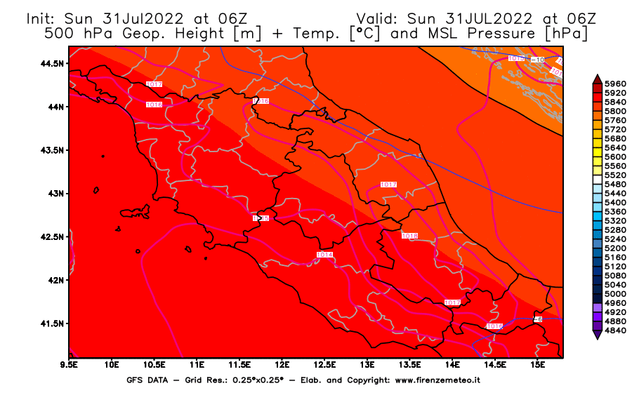 GFS analysi map - Geopotential [m] + Temp. [°C] at 500 hPa + Sea Level Pressure [hPa] in Central Italy
									on 31/07/2022 06 <!--googleoff: index-->UTC<!--googleon: index-->