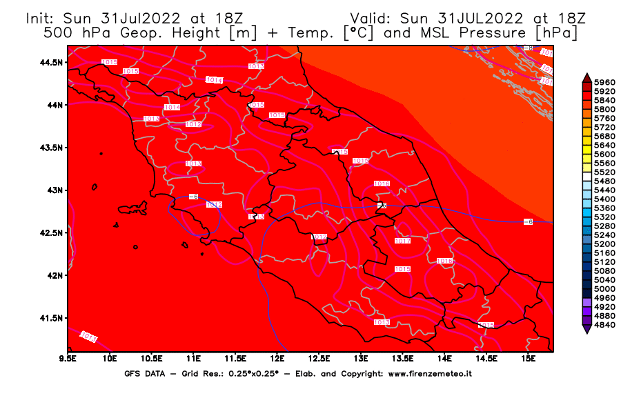 GFS analysi map - Geopotential [m] + Temp. [°C] at 500 hPa + Sea Level Pressure [hPa] in Central Italy
									on 31/07/2022 18 <!--googleoff: index-->UTC<!--googleon: index-->