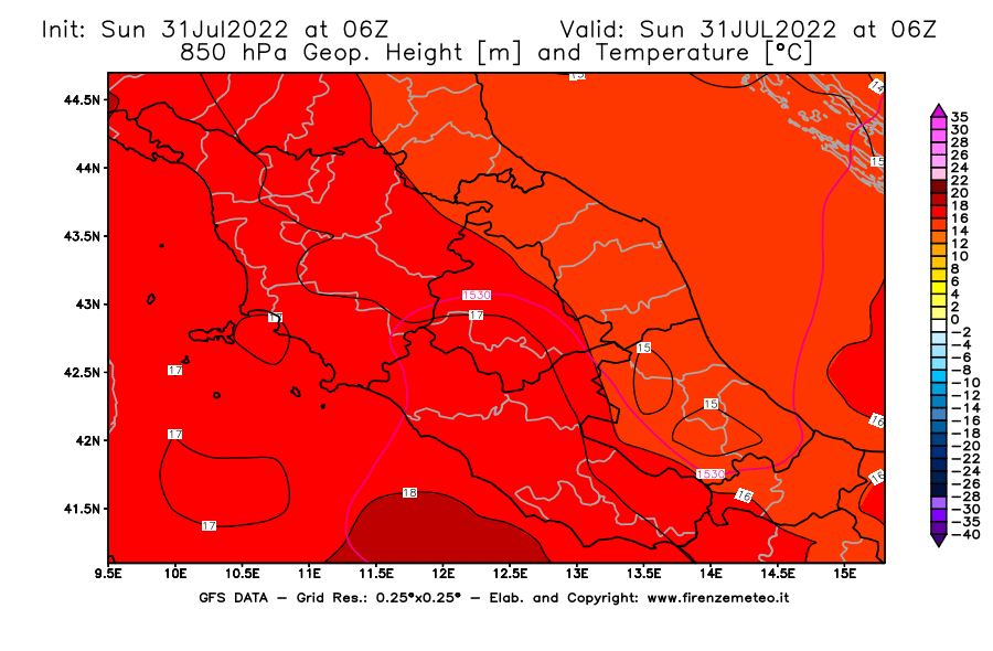 GFS analysi map - Geopotential [m] and Temperature [°C] at 850 hPa in Central Italy
									on 31/07/2022 06 <!--googleoff: index-->UTC<!--googleon: index-->
