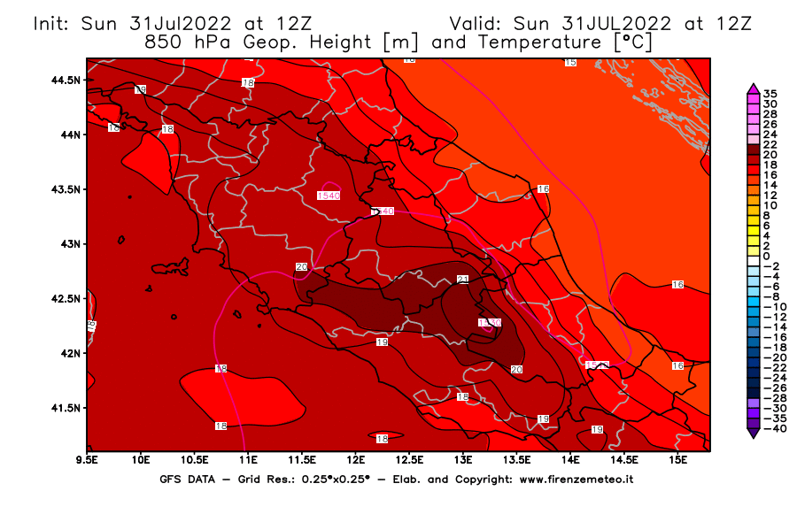 GFS analysi map - Geopotential [m] and Temperature [°C] at 850 hPa in Central Italy
									on 31/07/2022 12 <!--googleoff: index-->UTC<!--googleon: index-->