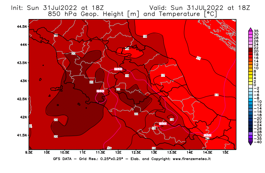 GFS analysi map - Geopotential [m] and Temperature [°C] at 850 hPa in Central Italy
									on 31/07/2022 18 <!--googleoff: index-->UTC<!--googleon: index-->