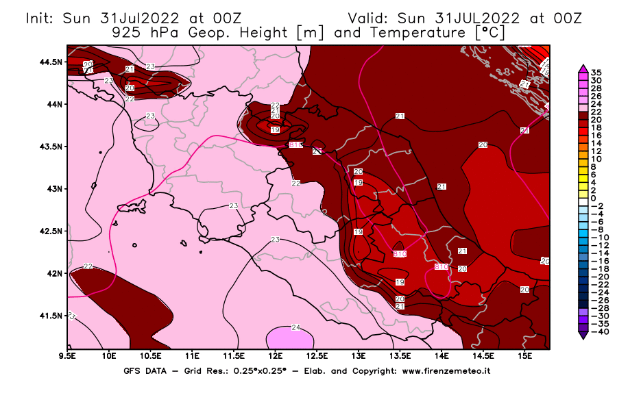 GFS analysi map - Geopotential [m] and Temperature [°C] at 925 hPa in Central Italy
									on 31/07/2022 00 <!--googleoff: index-->UTC<!--googleon: index-->