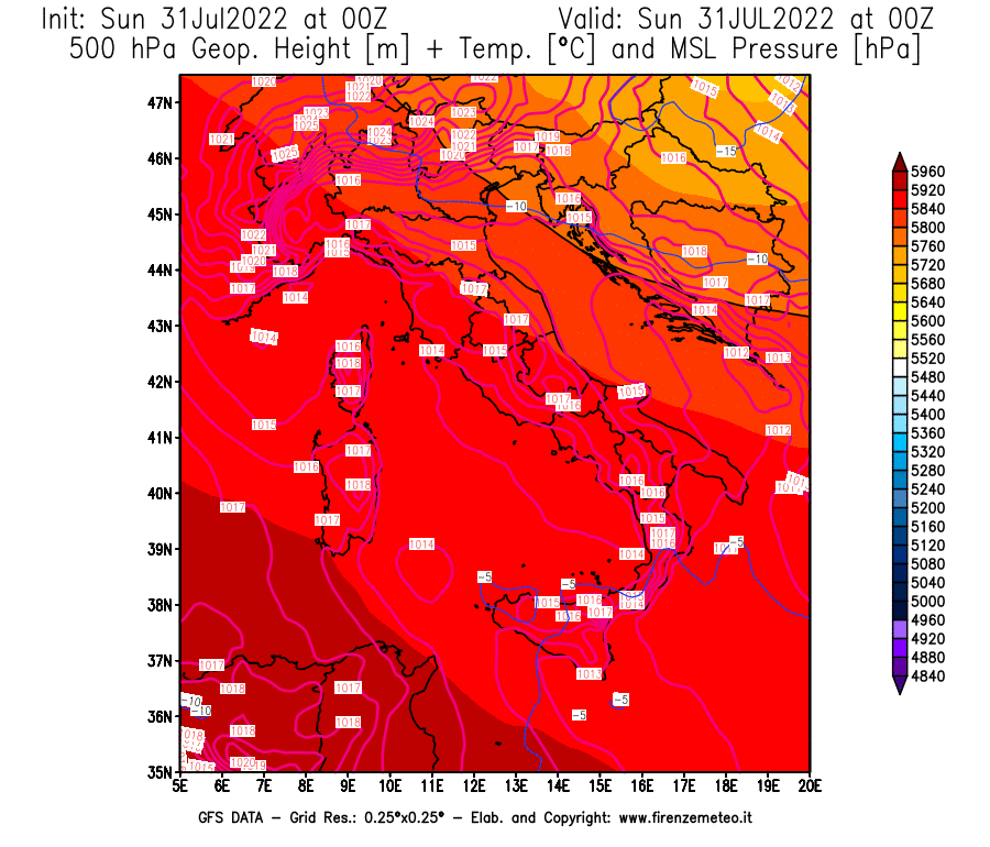 GFS analysi map - Geopotential [m] + Temp. [°C] at 500 hPa + Sea Level Pressure [hPa] in Italy
									on 31/07/2022 00 <!--googleoff: index-->UTC<!--googleon: index-->