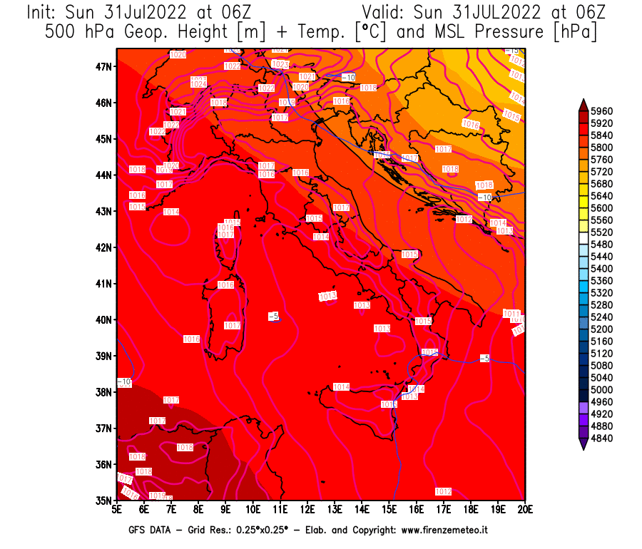 GFS analysi map - Geopotential [m] + Temp. [°C] at 500 hPa + Sea Level Pressure [hPa] in Italy
									on 31/07/2022 06 <!--googleoff: index-->UTC<!--googleon: index-->
