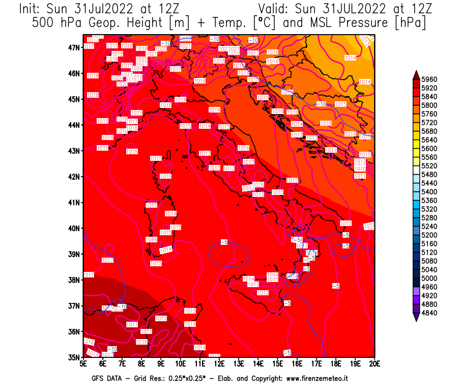 GFS analysi map - Geopotential [m] + Temp. [°C] at 500 hPa + Sea Level Pressure [hPa] in Italy
									on 31/07/2022 12 <!--googleoff: index-->UTC<!--googleon: index-->