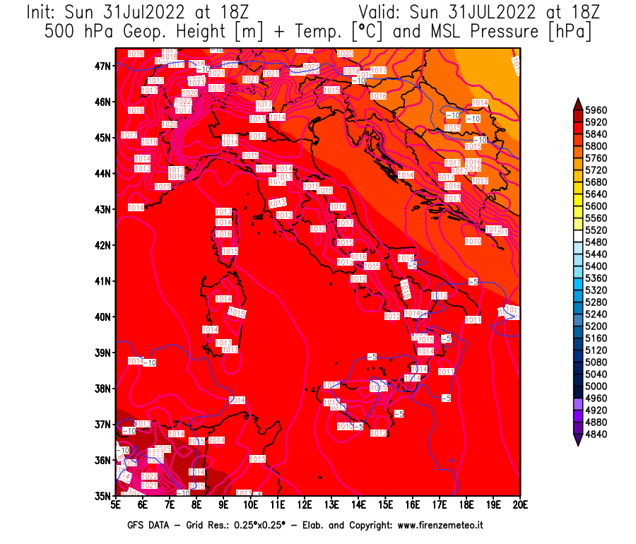 GFS analysi map - Geopotential [m] + Temp. [°C] at 500 hPa + Sea Level Pressure [hPa] in Italy
									on 31/07/2022 18 <!--googleoff: index-->UTC<!--googleon: index-->