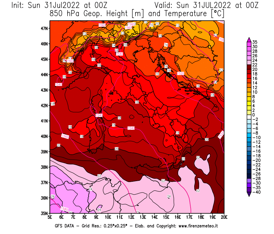 GFS analysi map - Geopotential [m] and Temperature [°C] at 850 hPa in Italy
									on 31/07/2022 00 <!--googleoff: index-->UTC<!--googleon: index-->