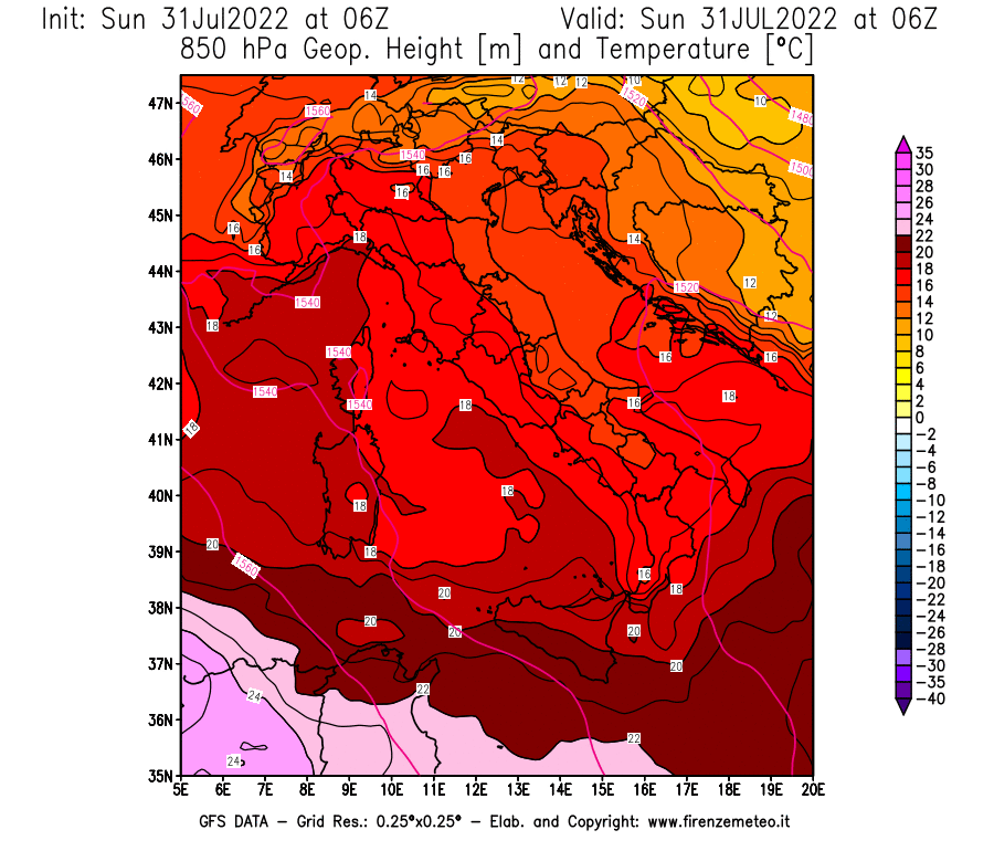 GFS analysi map - Geopotential [m] and Temperature [°C] at 850 hPa in Italy
									on 31/07/2022 06 <!--googleoff: index-->UTC<!--googleon: index-->