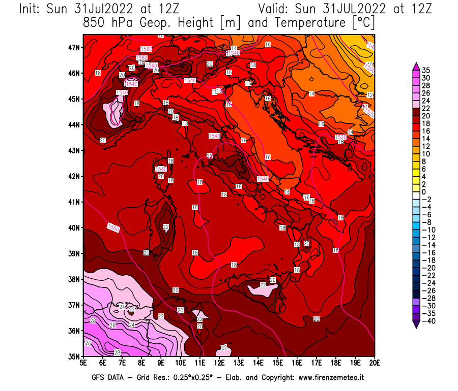 GFS analysi map - Geopotential [m] and Temperature [°C] at 850 hPa in Italy
									on 31/07/2022 12 <!--googleoff: index-->UTC<!--googleon: index-->