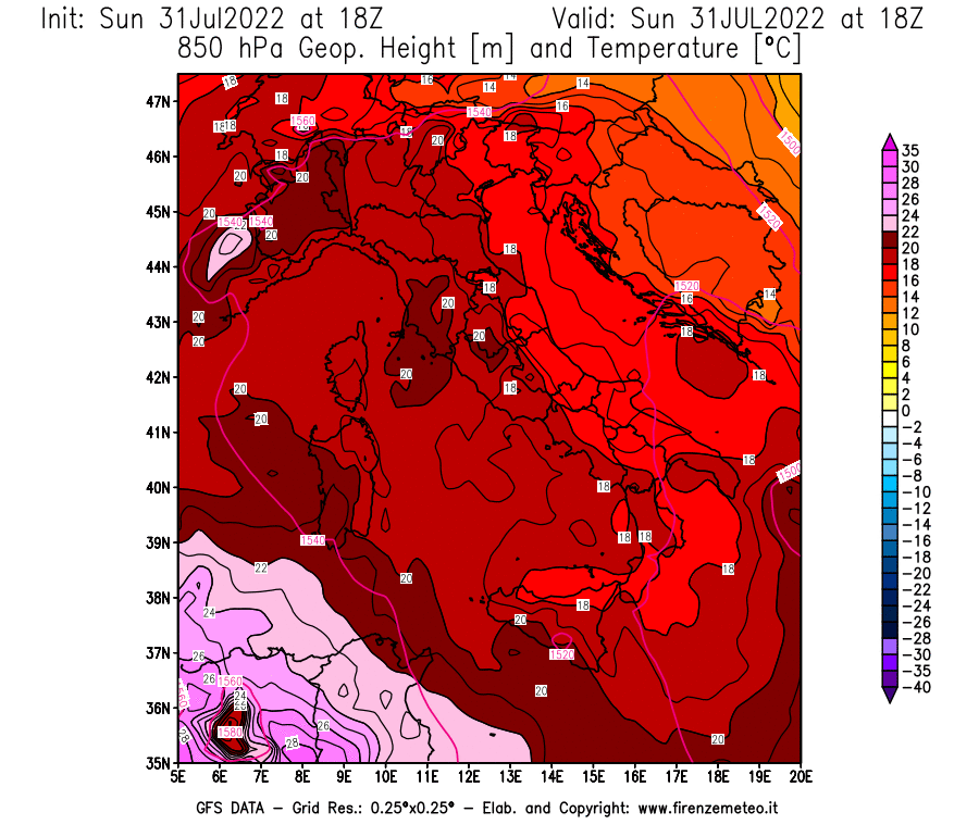 GFS analysi map - Geopotential [m] and Temperature [°C] at 850 hPa in Italy
									on 31/07/2022 18 <!--googleoff: index-->UTC<!--googleon: index-->