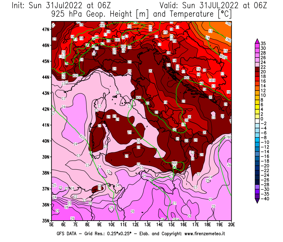 GFS analysi map - Geopotential [m] and Temperature [°C] at 925 hPa in Italy
									on 31/07/2022 06 <!--googleoff: index-->UTC<!--googleon: index-->