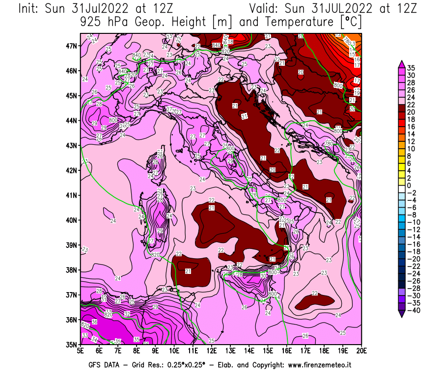 GFS analysi map - Geopotential [m] and Temperature [°C] at 925 hPa in Italy
									on 31/07/2022 12 <!--googleoff: index-->UTC<!--googleon: index-->