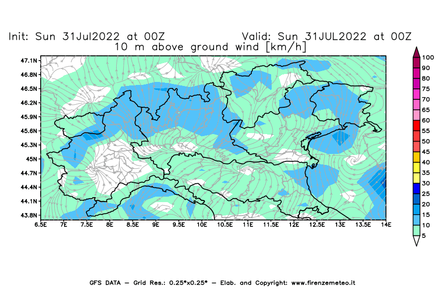 GFS analysi map - Wind Speed at 10 m above ground [km/h] in Northern Italy
									on 31/07/2022 00 <!--googleoff: index-->UTC<!--googleon: index-->