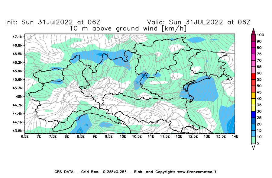 GFS analysi map - Wind Speed at 10 m above ground [km/h] in Northern Italy
									on 31/07/2022 06 <!--googleoff: index-->UTC<!--googleon: index-->