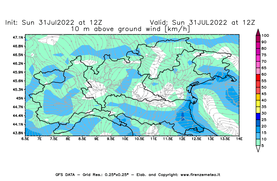 GFS analysi map - Wind Speed at 10 m above ground [km/h] in Northern Italy
									on 31/07/2022 12 <!--googleoff: index-->UTC<!--googleon: index-->
