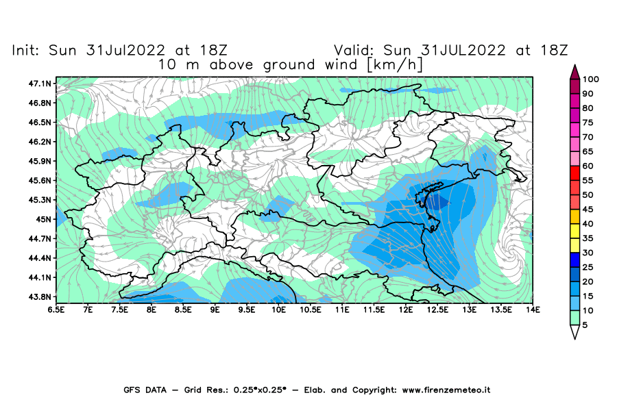 GFS analysi map - Wind Speed at 10 m above ground [km/h] in Northern Italy
									on 31/07/2022 18 <!--googleoff: index-->UTC<!--googleon: index-->