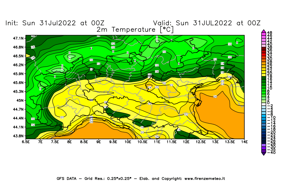 GFS analysi map - Temperature at 2 m above ground [°C] in Northern Italy
									on 31/07/2022 00 <!--googleoff: index-->UTC<!--googleon: index-->