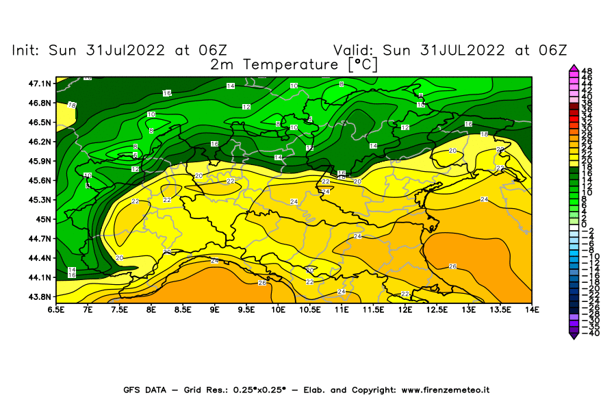 GFS analysi map - Temperature at 2 m above ground [°C] in Northern Italy
									on 31/07/2022 06 <!--googleoff: index-->UTC<!--googleon: index-->