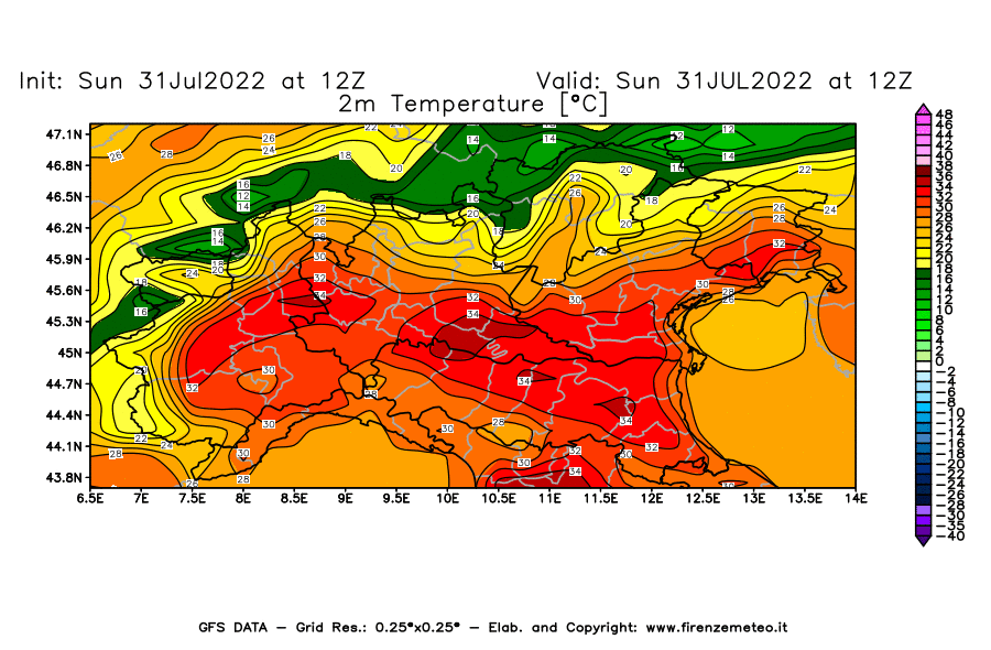 GFS analysi map - Temperature at 2 m above ground [°C] in Northern Italy
									on 31/07/2022 12 <!--googleoff: index-->UTC<!--googleon: index-->