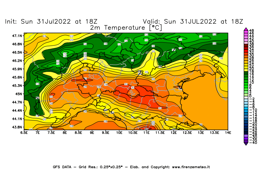 GFS analysi map - Temperature at 2 m above ground [°C] in Northern Italy
									on 31/07/2022 18 <!--googleoff: index-->UTC<!--googleon: index-->