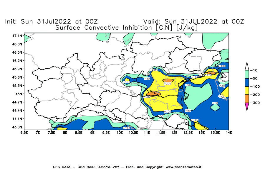 GFS analysi map - CIN [J/kg] in Northern Italy
									on 31/07/2022 00 <!--googleoff: index-->UTC<!--googleon: index-->