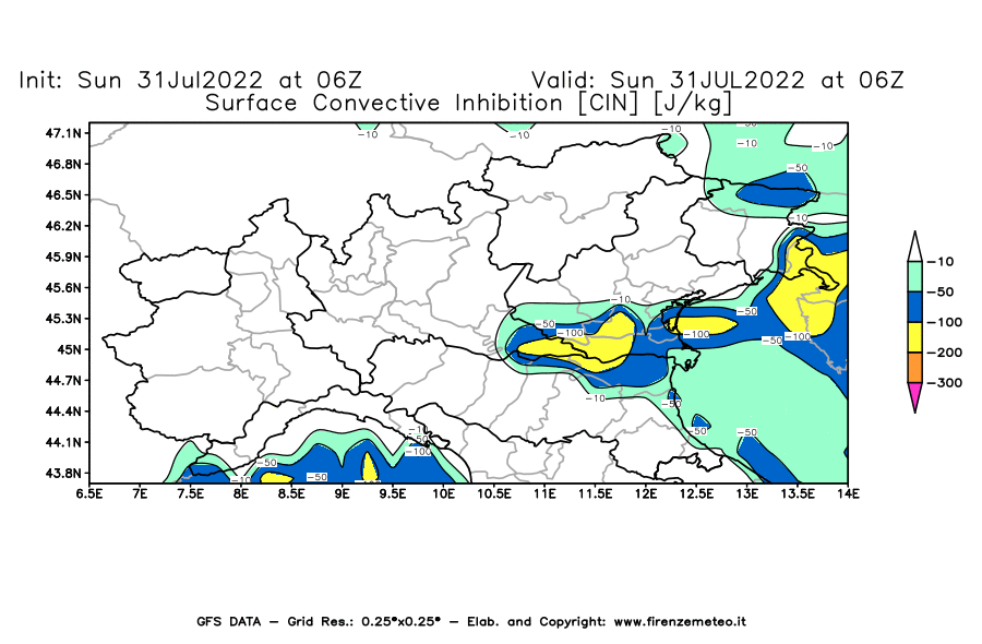 GFS analysi map - CIN [J/kg] in Northern Italy
									on 31/07/2022 06 <!--googleoff: index-->UTC<!--googleon: index-->