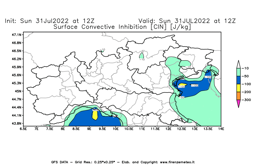GFS analysi map - CIN [J/kg] in Northern Italy
									on 31/07/2022 12 <!--googleoff: index-->UTC<!--googleon: index-->