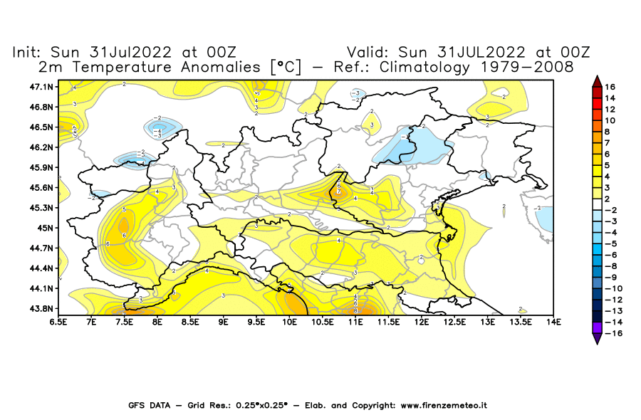 GFS analysi map - Temperature Anomalies [°C] at 2 m in Northern Italy
									on 31/07/2022 00 <!--googleoff: index-->UTC<!--googleon: index-->