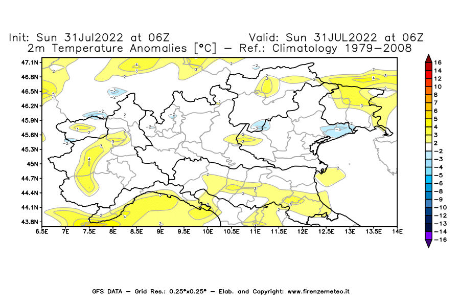 GFS analysi map - Temperature Anomalies [°C] at 2 m in Northern Italy
									on 31/07/2022 06 <!--googleoff: index-->UTC<!--googleon: index-->