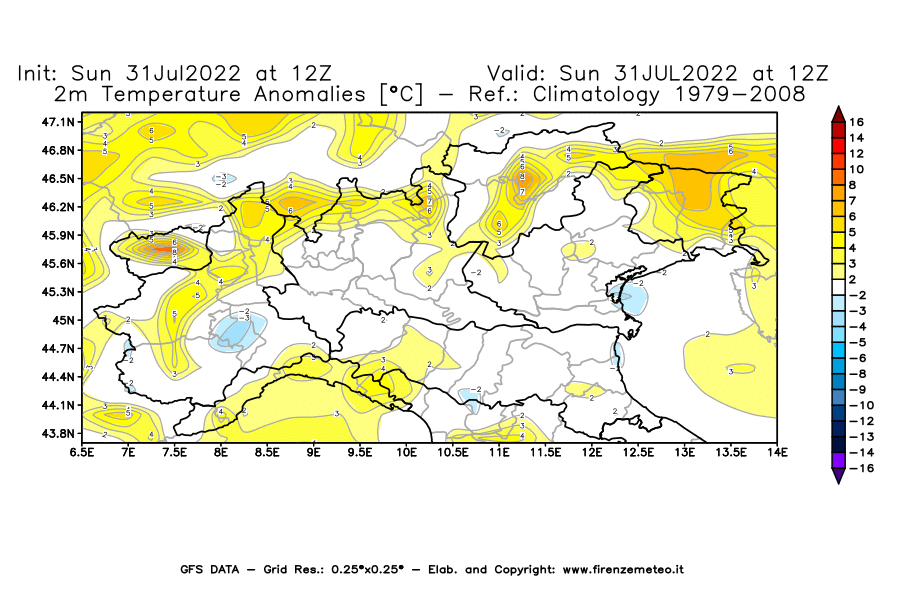 GFS analysi map - Temperature Anomalies [°C] at 2 m in Northern Italy
									on 31/07/2022 12 <!--googleoff: index-->UTC<!--googleon: index-->