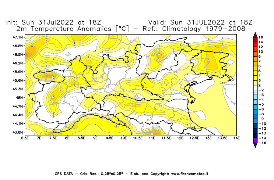 GFS analysi map - Temperature Anomalies [°C] at 2 m in Northern Italy
									on 31/07/2022 18 <!--googleoff: index-->UTC<!--googleon: index-->