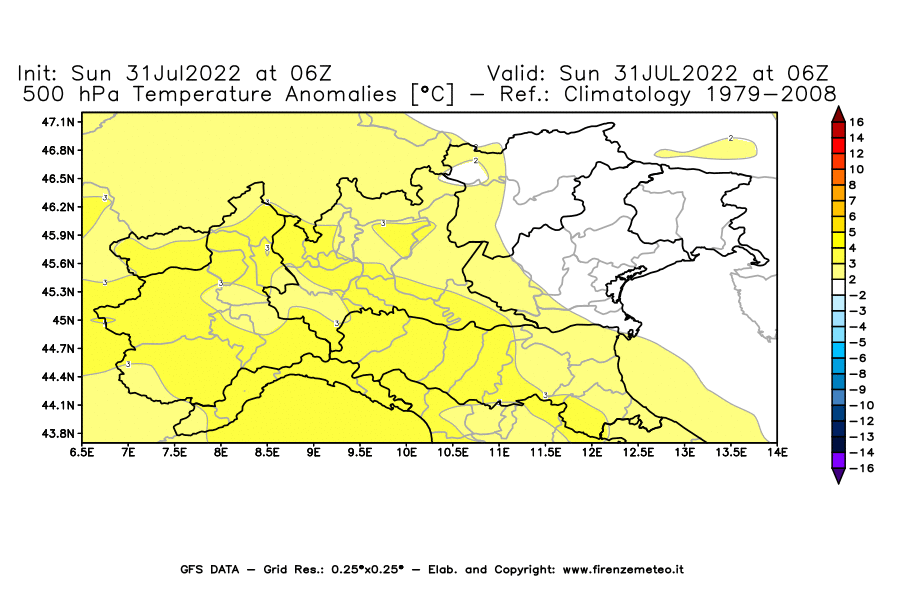 GFS analysi map - Temperature Anomalies [°C] at 500 hPa in Northern Italy
									on 31/07/2022 06 <!--googleoff: index-->UTC<!--googleon: index-->