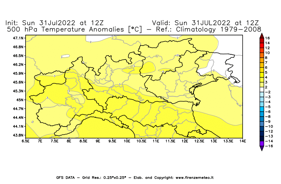 GFS analysi map - Temperature Anomalies [°C] at 500 hPa in Northern Italy
									on 31/07/2022 12 <!--googleoff: index-->UTC<!--googleon: index-->