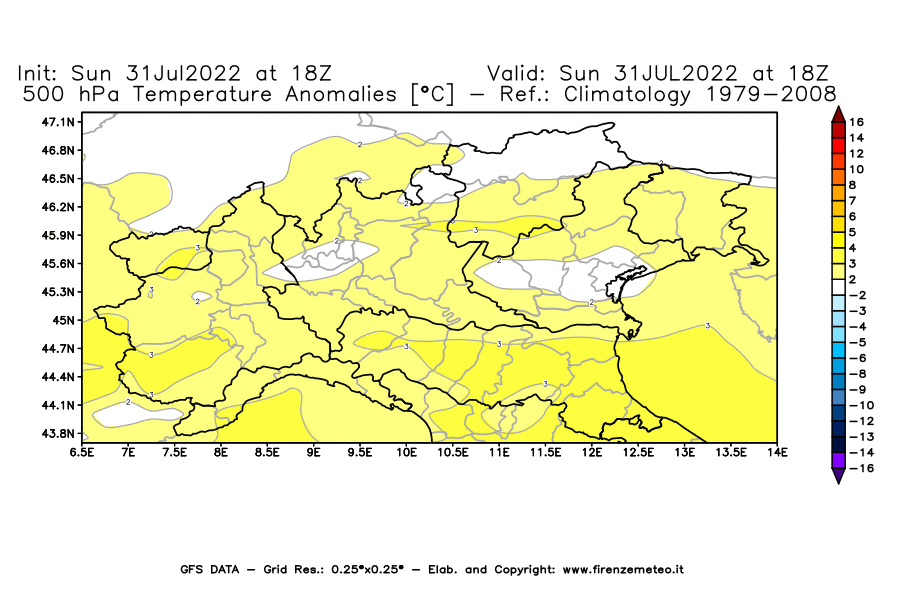 GFS analysi map - Temperature Anomalies [°C] at 500 hPa in Northern Italy
									on 31/07/2022 18 <!--googleoff: index-->UTC<!--googleon: index-->