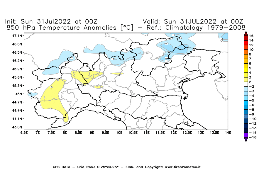 GFS analysi map - Temperature Anomalies [°C] at 850 hPa in Northern Italy
									on 31/07/2022 00 <!--googleoff: index-->UTC<!--googleon: index-->