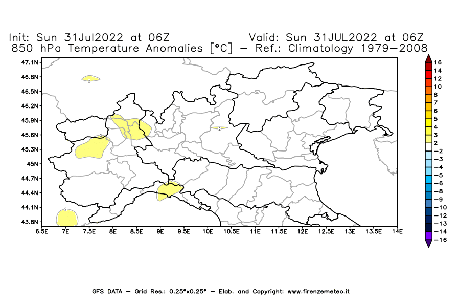 GFS analysi map - Temperature Anomalies [°C] at 850 hPa in Northern Italy
									on 31/07/2022 06 <!--googleoff: index-->UTC<!--googleon: index-->