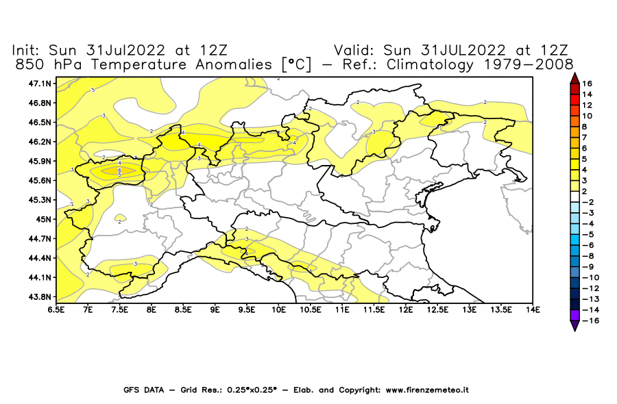 GFS analysi map - Temperature Anomalies [°C] at 850 hPa in Northern Italy
									on 31/07/2022 12 <!--googleoff: index-->UTC<!--googleon: index-->