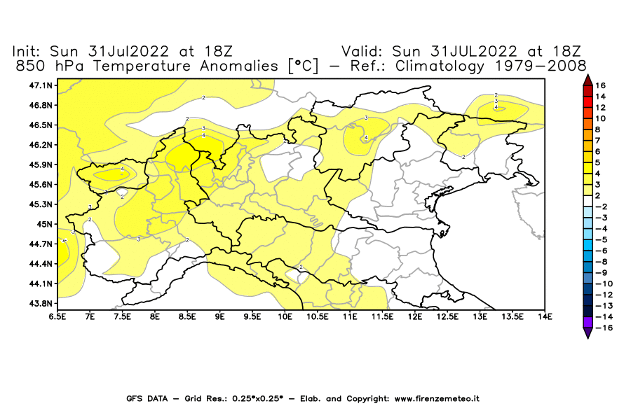 GFS analysi map - Temperature Anomalies [°C] at 850 hPa in Northern Italy
									on 31/07/2022 18 <!--googleoff: index-->UTC<!--googleon: index-->