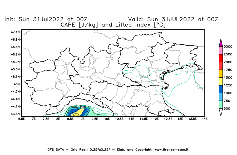 GFS analysi map - CAPE [J/kg] and Lifted Index [°C] in Northern Italy
									on 31/07/2022 00 <!--googleoff: index-->UTC<!--googleon: index-->