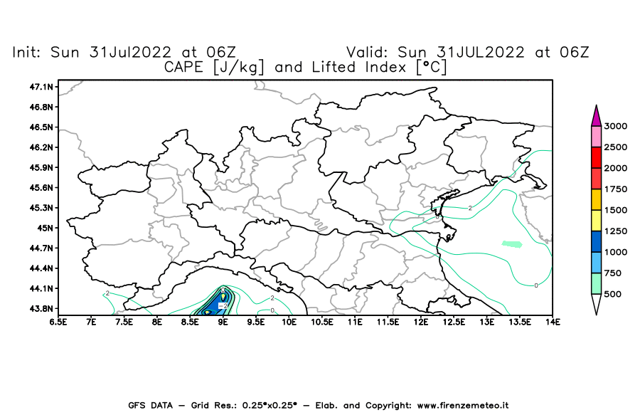 GFS analysi map - CAPE [J/kg] and Lifted Index [°C] in Northern Italy
									on 31/07/2022 06 <!--googleoff: index-->UTC<!--googleon: index-->