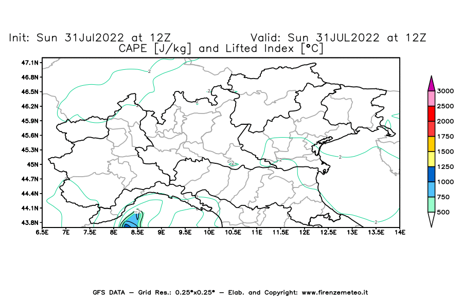 GFS analysi map - CAPE [J/kg] and Lifted Index [°C] in Northern Italy
									on 31/07/2022 12 <!--googleoff: index-->UTC<!--googleon: index-->
