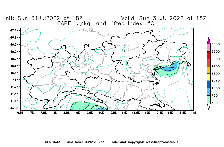 GFS analysi map - CAPE [J/kg] and Lifted Index [°C] in Northern Italy
									on 31/07/2022 18 <!--googleoff: index-->UTC<!--googleon: index-->