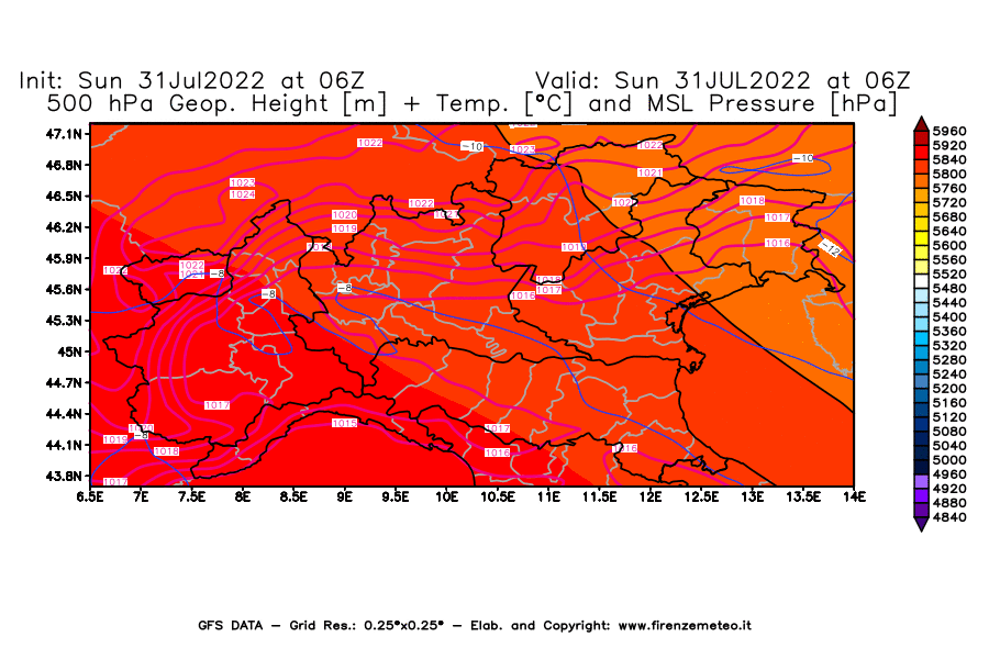 GFS analysi map - Geopotential [m] + Temp. [°C] at 500 hPa + Sea Level Pressure [hPa] in Northern Italy
									on 31/07/2022 06 <!--googleoff: index-->UTC<!--googleon: index-->