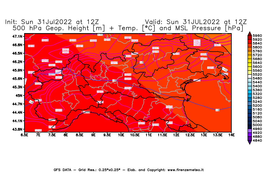 GFS analysi map - Geopotential [m] + Temp. [°C] at 500 hPa + Sea Level Pressure [hPa] in Northern Italy
									on 31/07/2022 12 <!--googleoff: index-->UTC<!--googleon: index-->